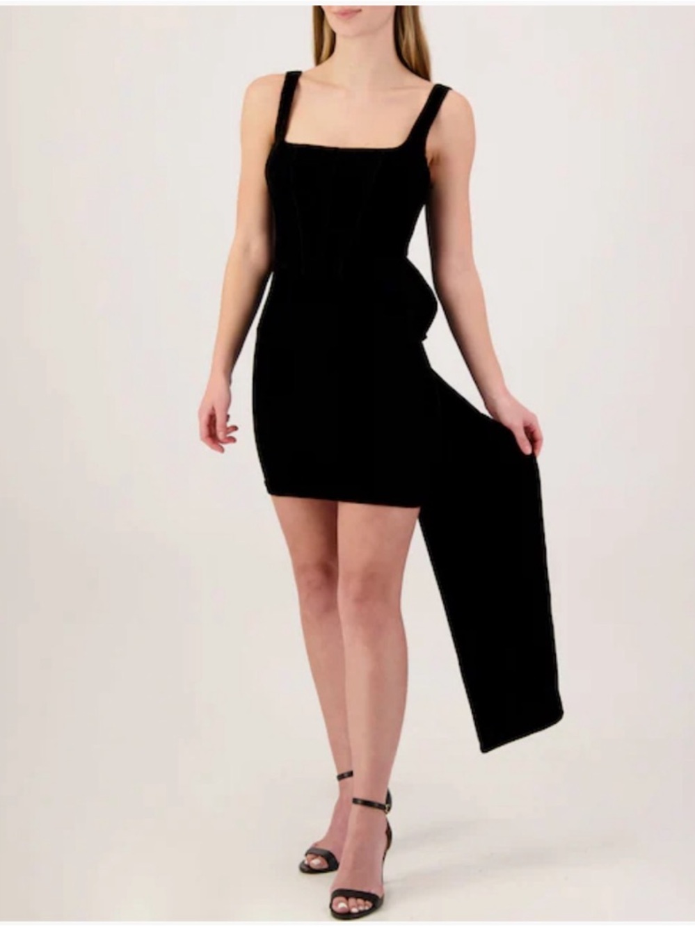 Black Square-Neck Mini Dress with Draped Side Panel